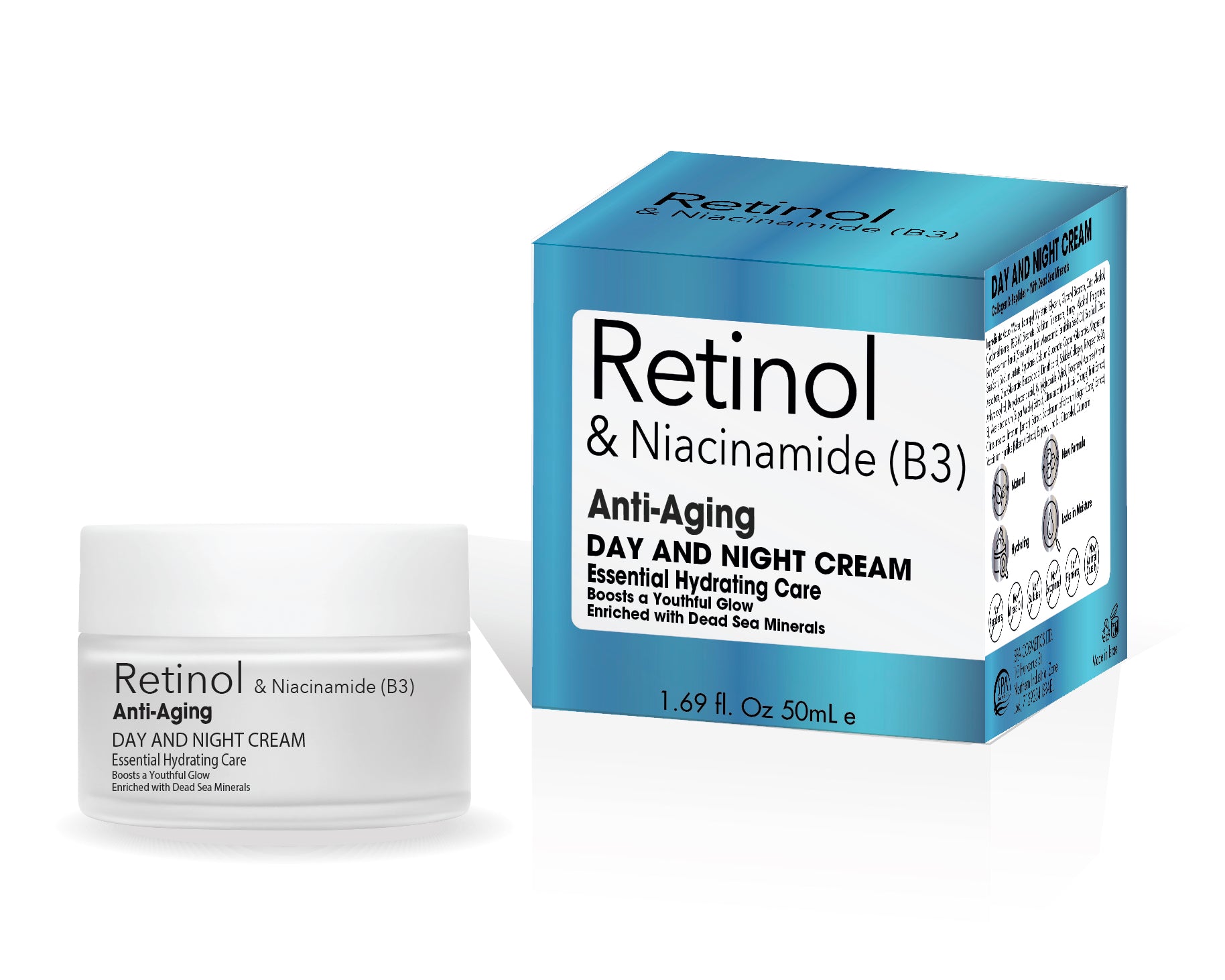 Product image showcasing a jar and box labeled 'Retinol & Niacinamide (B3) Anti-Aging Day and Night Cream' with clean packaging.